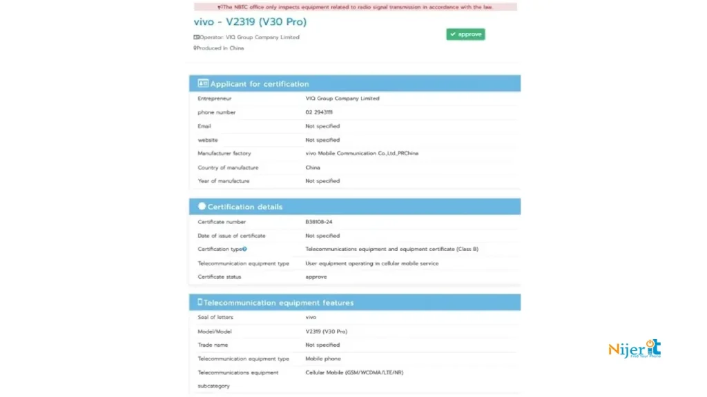Vivo V30 Pro NBTC listing